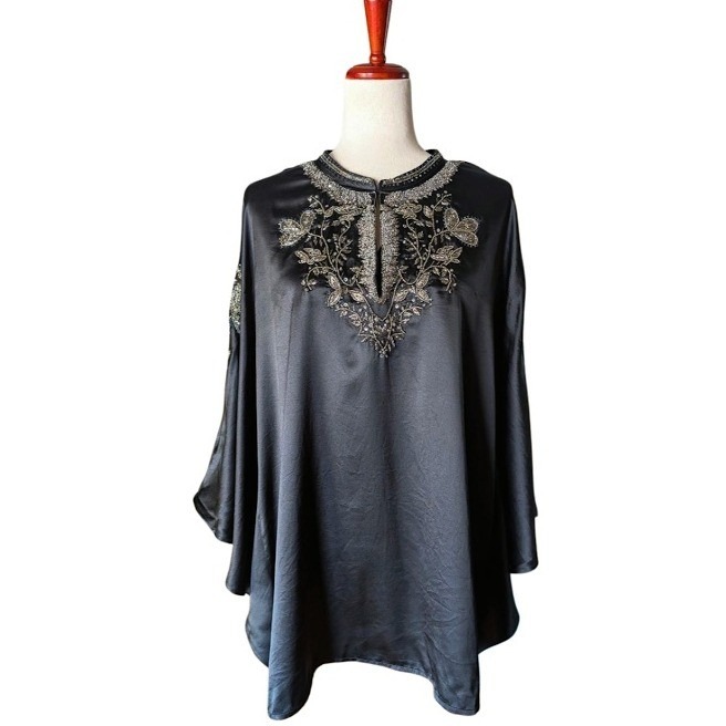 Johnny Was La Jolla Kaftan Top Black Silk Embroidered Beaded Blouse C17125-O L
